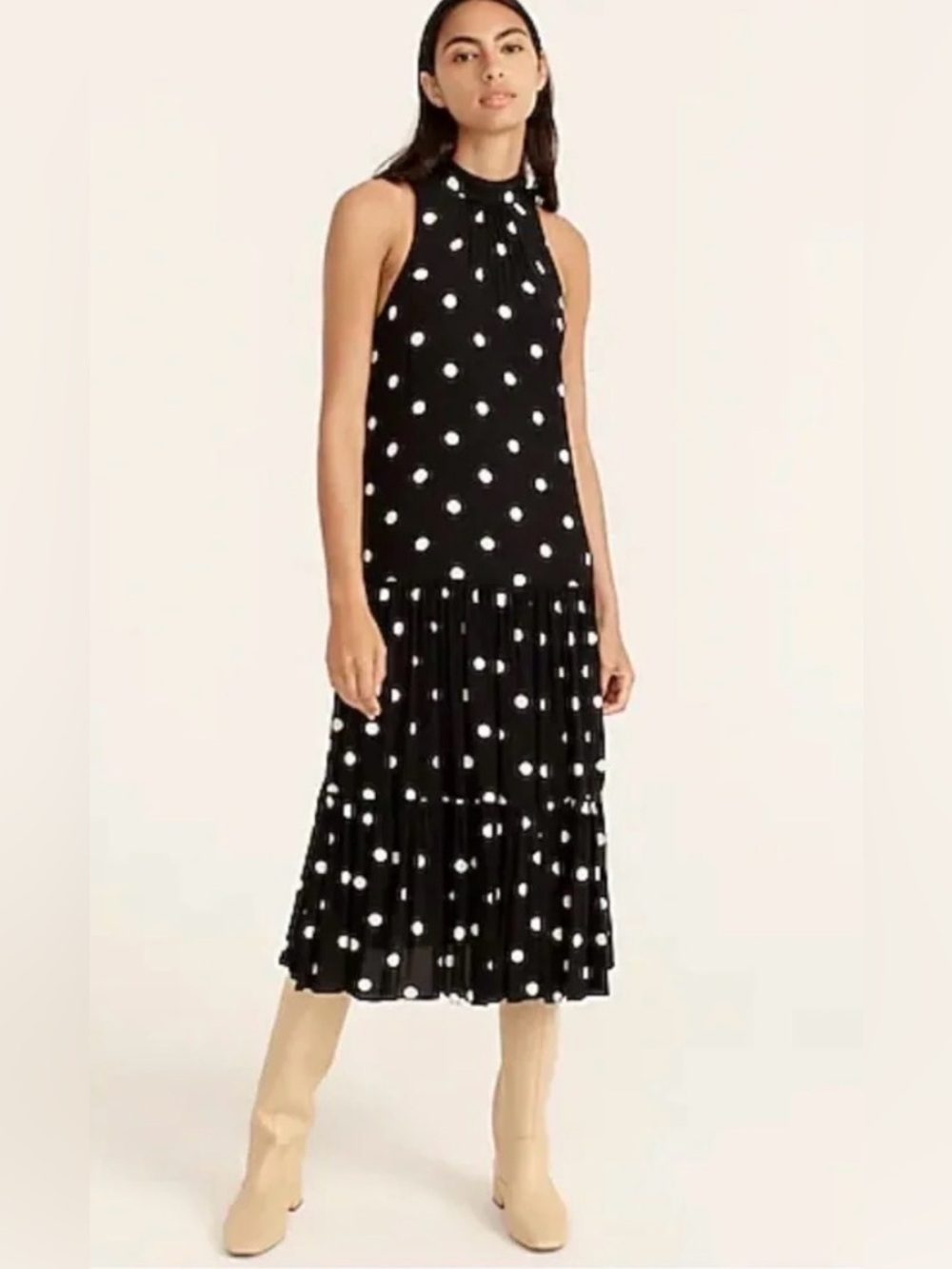 JCrew (6) Drapey Tiered Black Polka Dot Sleeveless Midi Dress